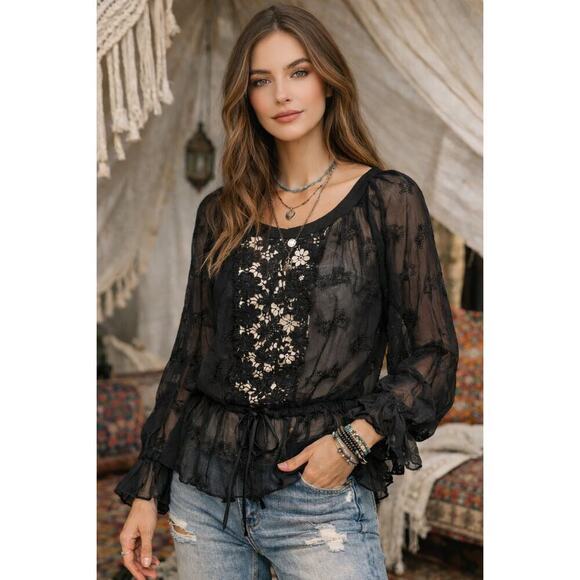 4 Love & Liberty Tops - 4 Love & Liberty by Johnny Was Sheer Silk Lace Blouse Black Boho Peasant Top M